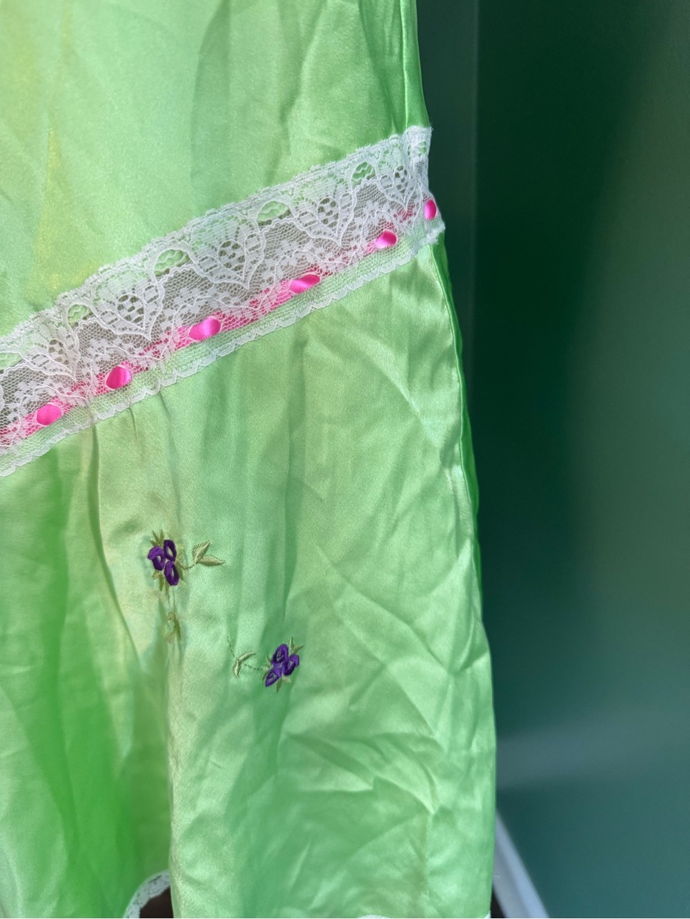 Betsey Johnson Silk-Feel Lime Green Lace Trim Slip Dress - Women's Intimates - Picture 6 of 11
